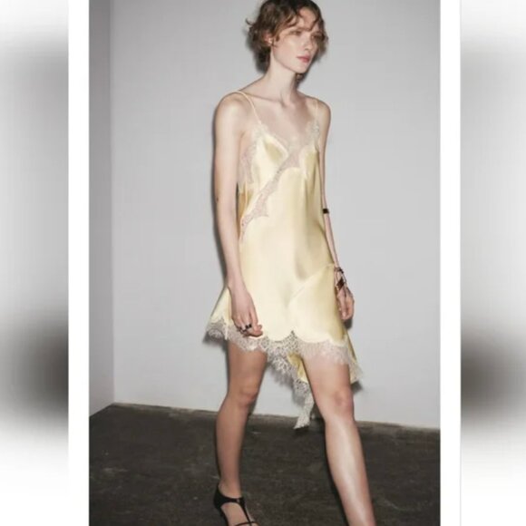 Zara Asymmetrical Dress in Yellow with Lace - Picture 1 of 5